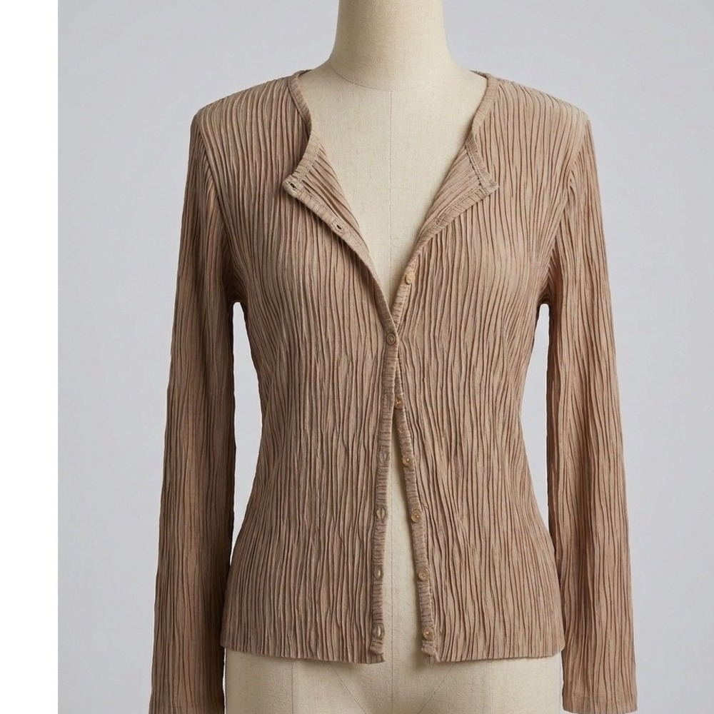 Vintage Rafael Plisse Crinkle Pleated Button Up Cardigan Top Size S Tan Beige